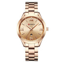 Relógio feminino dourado rosé com mostrador minimalista e pulseira de aço inox