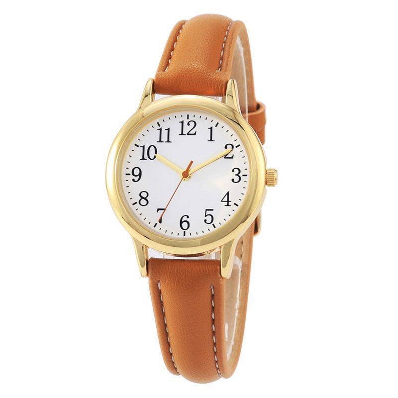 Relógio Feminino Pequeno Simples e Minimalista Com Pulseira de Couro Marrom Relógio em Aço Inox Pulseira de Couro - Zellum