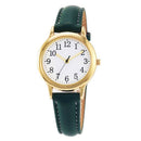 Relógio feminino minimalista com mostrador branco, caixa dourada e pulseira de couro verde-escuro