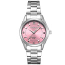 Relógio feminino com mostrador rosa e pulseira de aço inoxidável