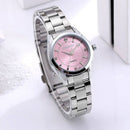 Relógio feminino com mostrador rosa e pulseira de aço inoxidável prateado