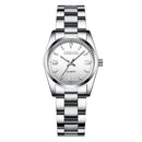 Relógio de pulso feminino com mostrador branco e pulseira de aço inoxidável
