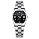 Relógio feminino com mostrador preto, caixa e pulseira de aço inoxidável