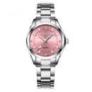 Relógio de pulso com caixa e pulseira em aço inoxidável, mostrador rosa e marcadores prateados
