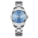 Relógio feminino mostrador azul com pulseira de aço prateado