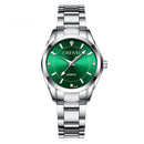 Relógio feminino com mostrador verde, caixa e pulseira de aço inoxidável, movimento quartz