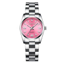 Relógio feminino com mostrador rosa, caixa e pulseira de aço inoxidável