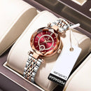 Relógio feminino luxo com mostrador vermelho, pulseira aço inoxidável e ouro rosé