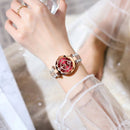 Relógio feminino de ouro rosé com mostrador vermelho e pulseira em aço inoxidável