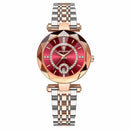 Relógio feminino com caixa geométrica rosê, mostrador vermelho e pulseira bicolor em aço inox