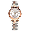 Relógio feminino com caixa geométrica dourada, mostrador branco e pulseira bicolor aço e ouro rosa