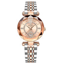 Relógio feminino com mostrador creme, caixa geométrica em ouro rosado e pulseira bicolor em aço inoxidável