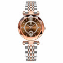 Relógio feminino luxo pulseira aço inox dois tons, mostrador marrom com cristais