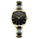 Relógio feminino Nibosi mostrador preto, caixa e pulseira bicolor dourado e preto