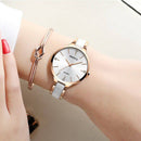 Relógio feminino minimalista com pulseira em aço e bracelete dourado rose no pulso