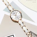 Relógio feminino com caixa rosê, mostrador branco e pulseira de elos ajustável