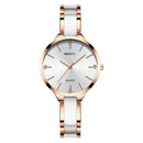 Relógio feminino Nibosi com mostrador prata, pulseira bicolor rose gold e branco