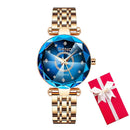 Relógio feminino com mostrador azul, cristal facetado e pulseira dourada