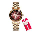 Relógio feminino pulseira dourada com mostrador vermelho escuro e marcadores de diamante