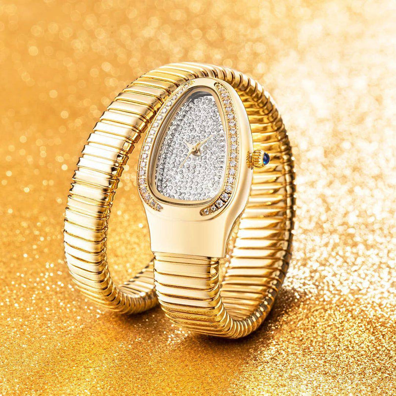 Relógio Feminino de Luxo Cravejado com Brilhantes Snake Dourado - Zellum