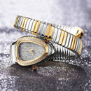 Relógio feminino luxo com mostrador cravejado de brilhantes e pulseira efeito cobra bicolor