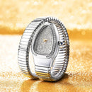 Relógio feminino de luxo com pulseira cobra prateada e mostrador cravejado