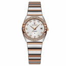 Relógio feminino aço inoxidável e ouro rosado com mostrador branco e cristais