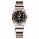 Relógio feminino aço inox bicolor com mostrador preto, marcadores de diamante e data