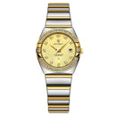 Relógio feminino dourado e prateado com cristais e pulseira em aço inox