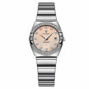 Relógio feminino aço inox com mostrador rosê, moldura de diamantes e pulseira metal ajustável