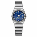Relógio feminino aço inox com mostrador azul, biesel com diamantes e pulseira integrada