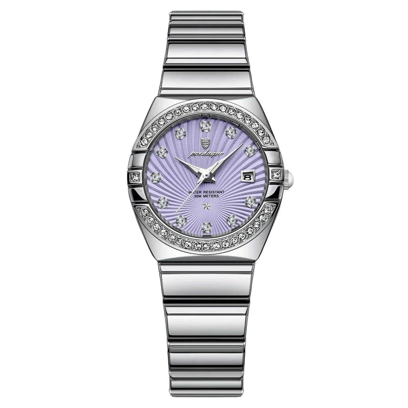 Relógio Feminino de Luxo Pequeno Ladies Feito em Aço Inox Premium Prata Roxo - Zellum