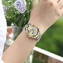 Relógio feminino aço inox com cronógrafo, pulseira bicolor prateada e dourada, mostrador branco