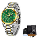 Relógio Lige feminino com pulseira aço inox dois tons, mostrador verde e três cronógrafos