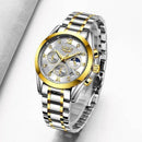 Relógio feminino aço inox bicolor com mostrador branco e cronógrafo