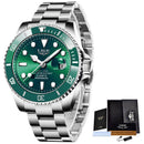 Relógio Lige masculino com mostrador verde, pulseira em aço inoxidável e caixa com acessórios