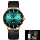 Relógio Lige minimalista com mostrador verde-azulado, caixa rosê-ouro e pulseira de aço em malha
