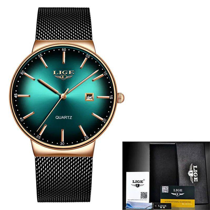 Relógio Lige Masculino Minimalista com Calendário Dourado e verde - Zellum