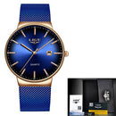 Relógio Lige minimalista azul com pulseira de malha e calendário