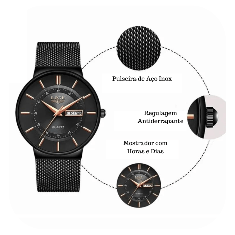 Relógio Lige Masculino com Pulseira de Aço e Data - Zellum