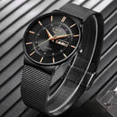 Relógio preto com pulseira de aço tipo mesh e janela de data
