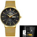 Relógio Lige dourado com mostrador preto, pulseira de aço e indicador de data