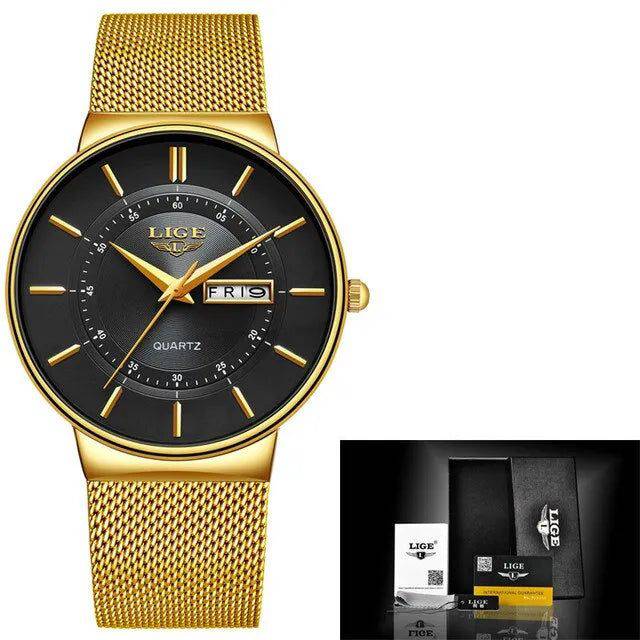 Relógio Lige Masculino com Pulseira de Aço e Data Preto e Dourado - Zellum