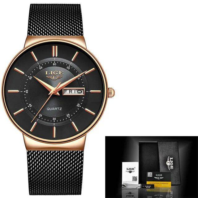 Relógio Lige Masculino com Pulseira de Aço e Data Dourado e Preto - Zellum