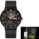 Relógio Lige preto com pulseira de aço mesh e detalhes rose gold