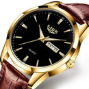 Relógio Lige dourado com pulseira de couro marrom e mostrador preto