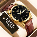 Relógio Lige dourado com mostrador preto e pulseira de couro burgundy