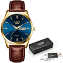 Relógio Lige dourado com mostrador azul e pulseira de couro marrom, acompanhado de caixa e acessórios originais