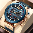 Relógio Lige azul com cronógrafo, pulseira de couro e detalhes em rose gold
