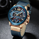 Relógio LIGE cronógrafo com caixa rose gold, mostrador azul escuro e pulseira de couro azul